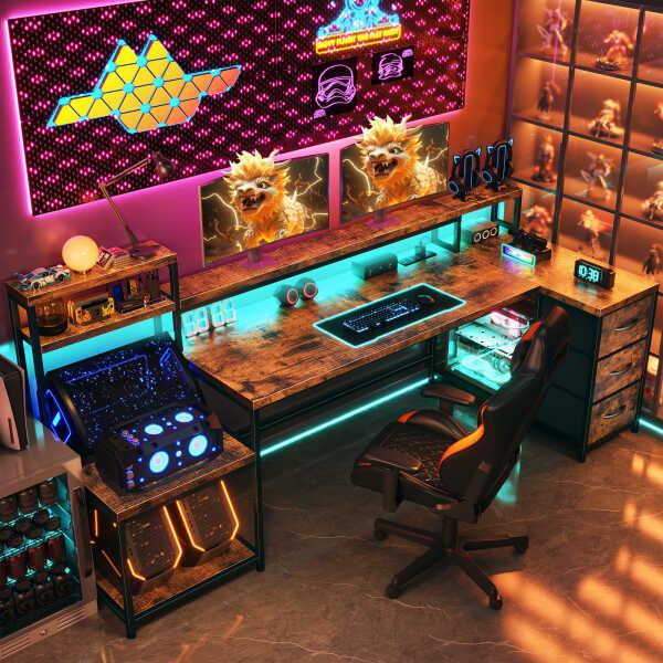 Enhomee 70.9" L Shaped Gaming Desk, Computer Desk with Power Outlet & LED Light, Home Office Desks with Drawers, Black