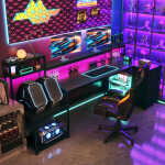 Enhomee 70.9" L Shaped Gaming Desk, Computer Desk with Power Outlet & LED Light, Home Office Desks with Drawers, Black
