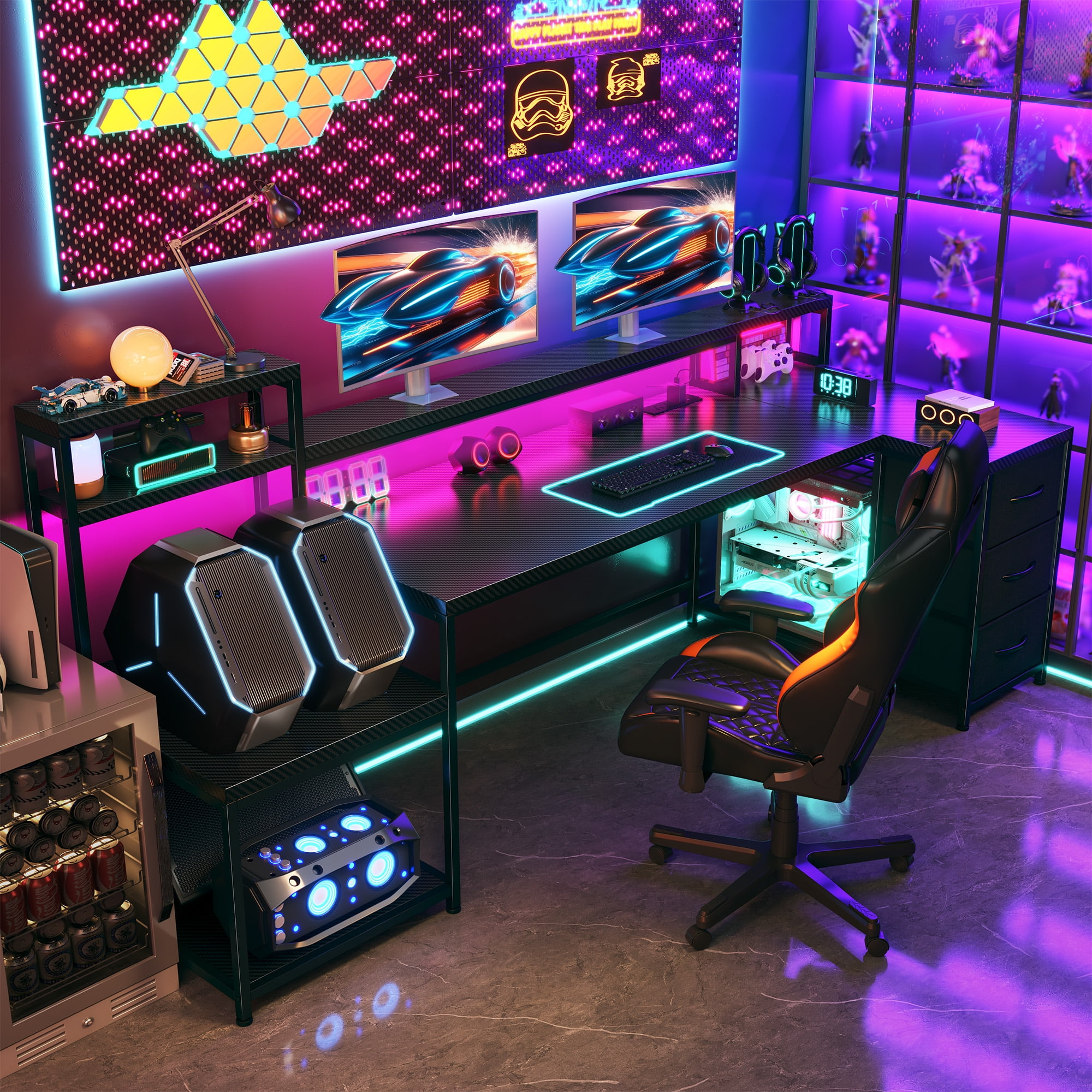 Enhomee 70.9" L Shaped Gaming Desk, Computer Desk with Power Outlet & LED Light, Home Office Desks with Drawers, Black