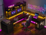 Enhomee L Shaped Desk, Gaming Desks with Power Outlet & LED Light Computer Deskwith Drawers & Storage Shelves Black