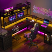 Enhomee L Shaped Desk, Gaming Desks with Power Outlet & LED Light Computer Deskwith Drawers & Storage Shelves Black