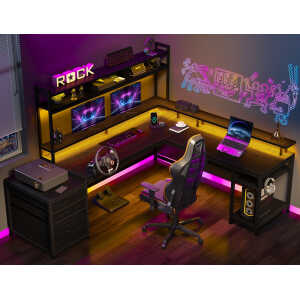 Enhomee L Shaped Desk, Gaming Desks with Power Outlet & LED Light Computer Deskwith Drawers & Storage Shelves Black