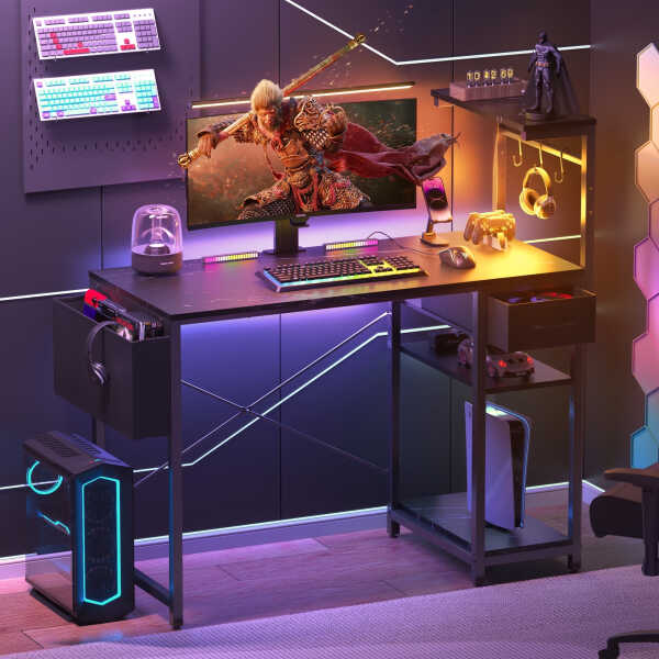Eunon 44 inch Gaming Computer Desk with LED Lights, Reversible 4 Tier Storage Shelves & Drawer,Pink