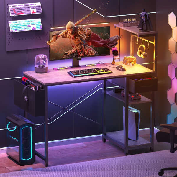 Eunon 44 inch Gaming Computer Desk with LED Lights, Reversible 4 Tier Storage Shelves & Drawer,Pink