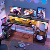 Eunon 71 inch L-Shaped Gaming Desk with Power Outlets LED Computer Office Table with Monitor Stand & Storage Shelf