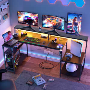 Eunon 71 inch L-Shaped Gaming Desk with Power Outlets LED Computer Office Table with Monitor Stand & Storage Shelf