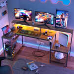 Eunon 71 inch L-Shaped Gaming Desk with Power Outlets LED Computer Office Table with Monitor Stand & Storage Shelf