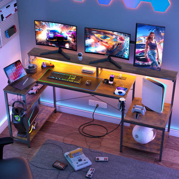 Eunon 71 inch L-Shaped Gaming Desk with Power Outlets LED Computer Office Table with Monitor Stand & Storage Shelf