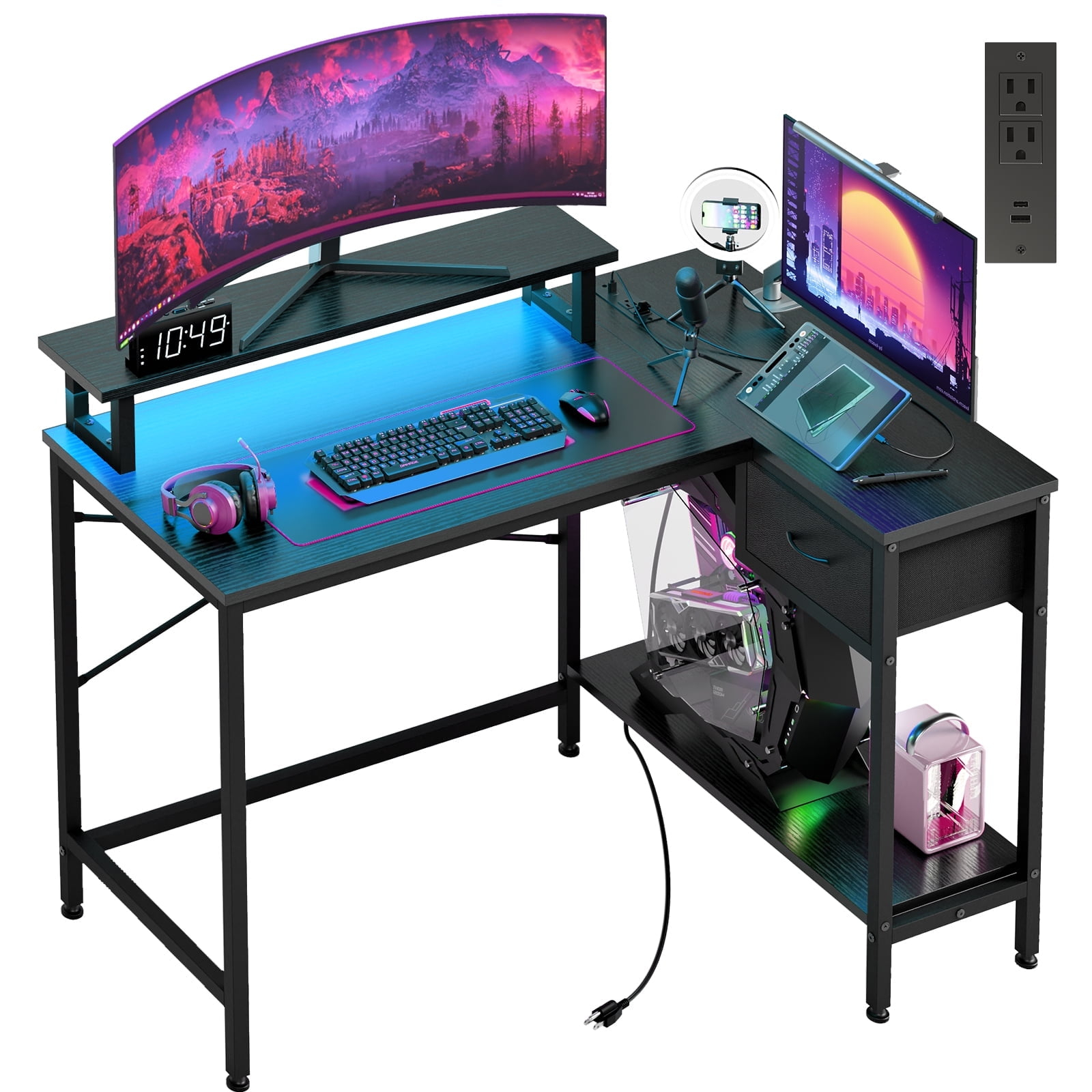 Fairy L Shaped Gaming Desk, 43in Computer Desk with Charging Port (Black)