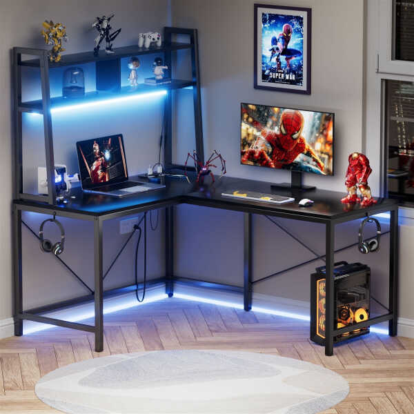 Flyicty 55'' L Shaped Gaming Desk, Ergonomic Corner Desk with Monitor Stand, Computer Desk for Home Office Study Writing