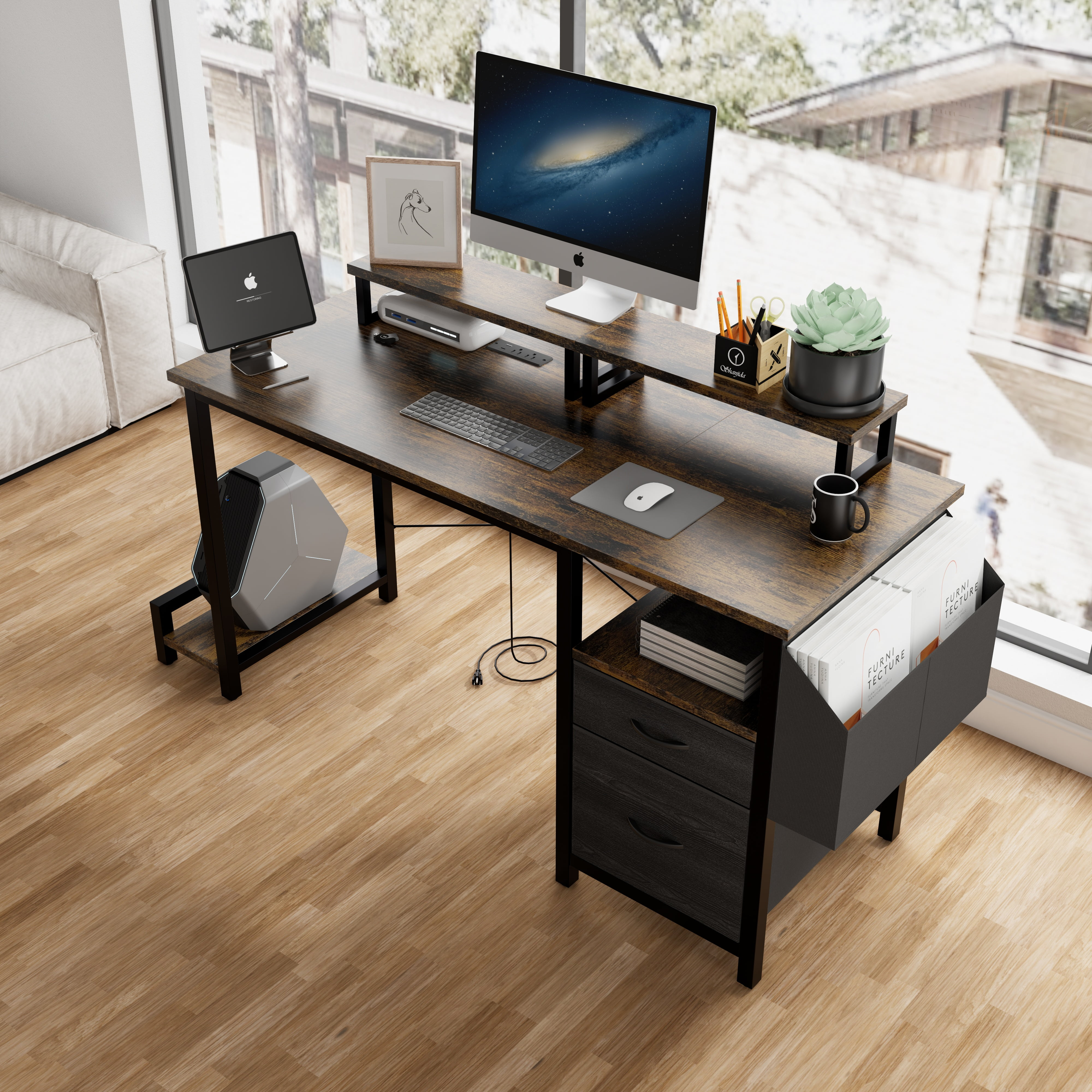 Furnibear Computer Desk with Drawer and Power Outlets, 47" Office Desk with 2 Monitor Stands and Fabric File Cabinet for Home