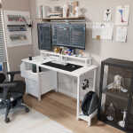 Furnibear Computer Desk with Drawer and Power Outlets, 47" Office Desk with 2 Monitor Stands and Fabric File Cabinet for Home