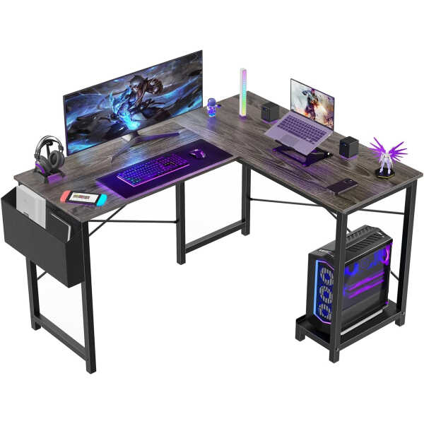 Furnibear Computer Desk with Drawer and Power Outlets, 47" Office Desk with 2 Monitor Stands and Fabric File Cabinet for Home