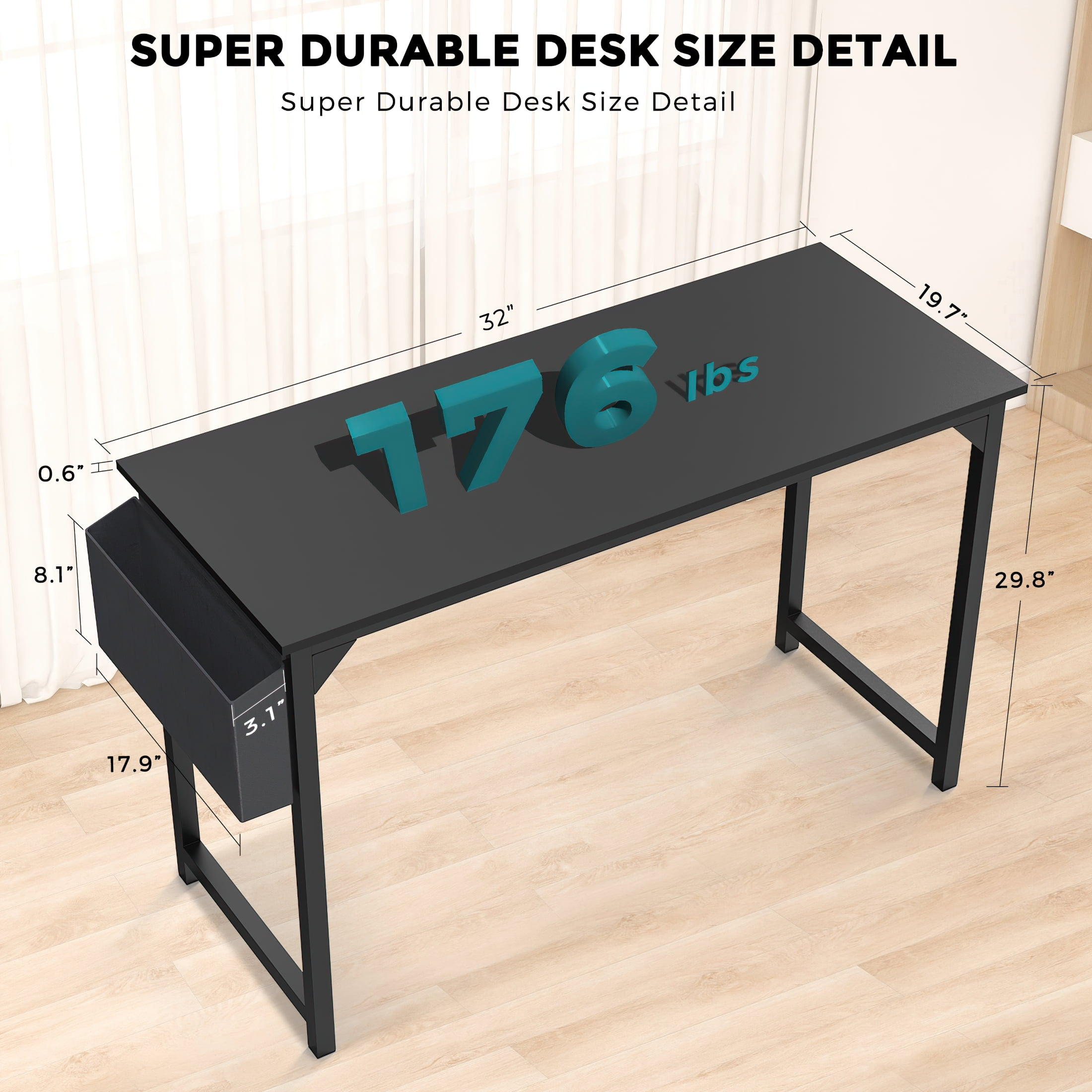 CONCETTA Computer Desk, 31 Inch with Storage Bag and Iron Hooks for Home, Office, Black