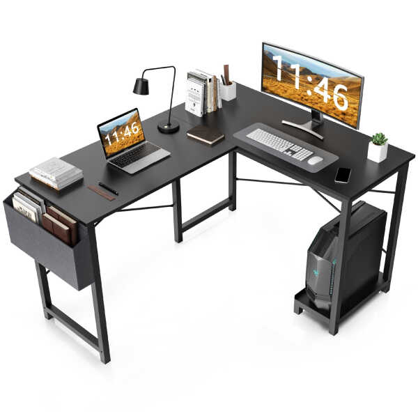 CONCETTA L Shaped Computer Desk with Wooden Desktop CPU Stand Side Bag Reversible, White