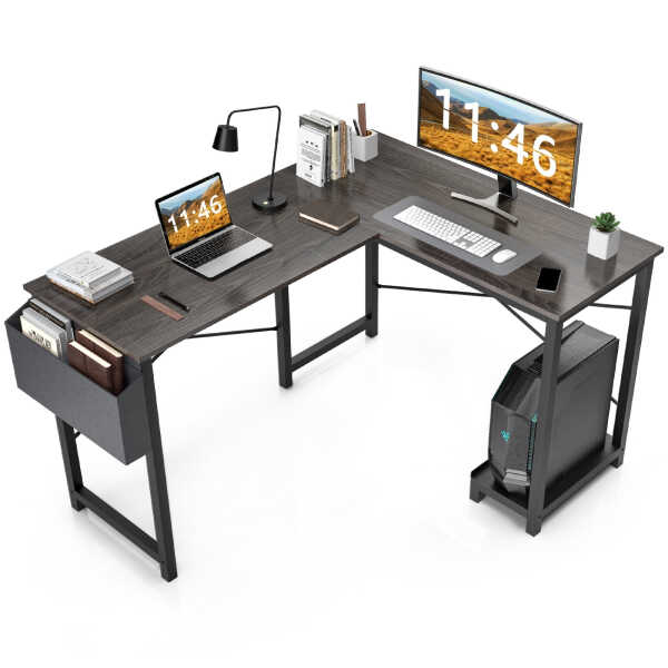 CONCETTA L Shaped Computer Desk with Wooden Desktop CPU Stand Side Bag Reversible, White