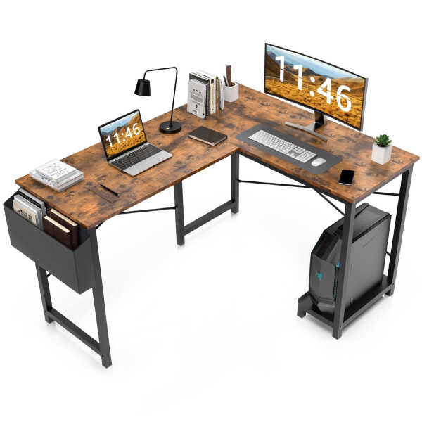 CONCETTA L Shaped Computer Desk with Wooden Desktop CPU Stand Side Bag Reversible, White