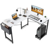 CONCETTA L Shaped Computer Desk with Wooden Desktop CPU Stand Side Bag Reversible, White