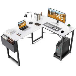 CONCETTA L Shaped Computer Desk with Wooden Desktop CPU Stand Side Bag Reversible, White
