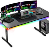 GTRACING 55" Large RGB Sturdy Gaming Desk with Mouse Pad T-Shaped Office Chair Computer Desk Spacious Work Surface Table, Black