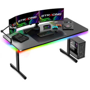 GTRACING 55" Large RGB Sturdy Gaming Desk with Mouse Pad T-Shaped Office Chair Computer Desk Spacious Work Surface Table, Black