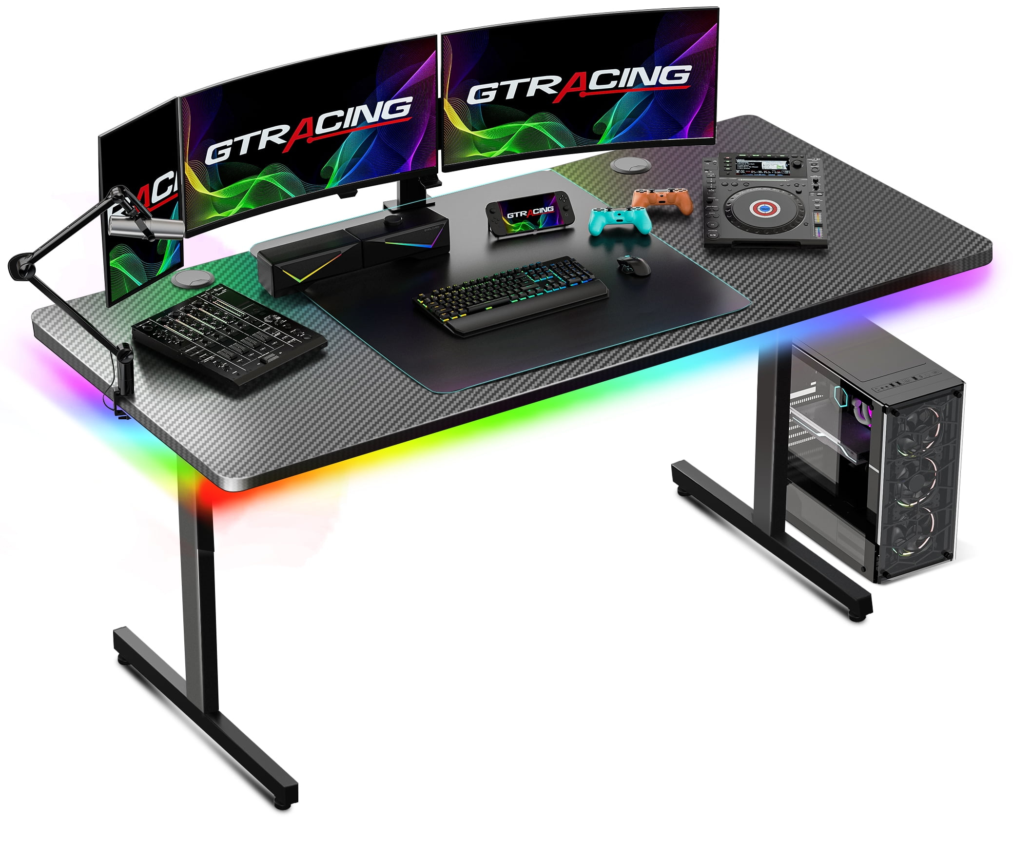 GTRACING 55" Large RGB Sturdy Gaming Desk with Mouse Pad T-Shaped Office Chair Computer Desk Spacious Work Surface Table, Black