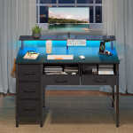 Greenstell 39" Computer Desk with Built-in Outlets & LED, 5-Drawer Office Desk with Monitor Stand, White
