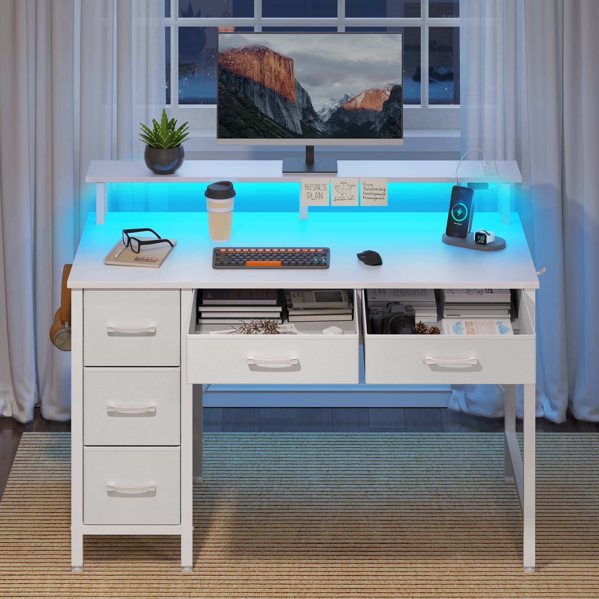 Greenstell 39" Computer Desk with Built-in Outlets & LED, 5-Drawer Office Desk with Monitor Stand, White