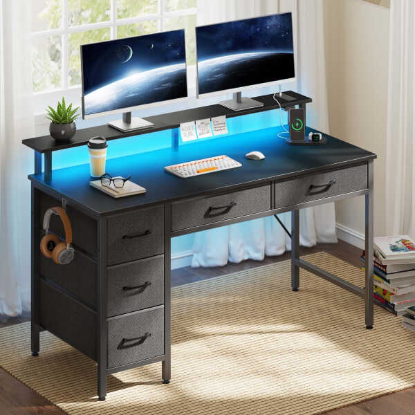 Greenstell 39" Computer Desk with Built-in Outlets & LED, 5-Drawer Office Desk with Monitor Stand, White