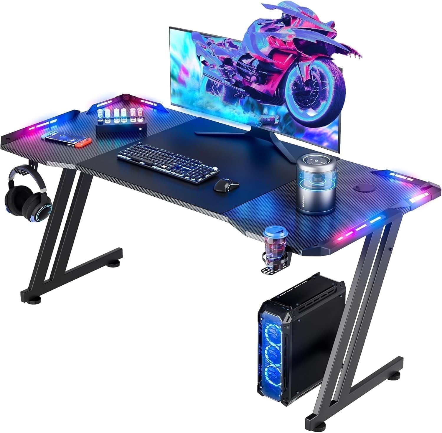 HLDIRECT 55 inch Gaming Desk with LED, Ergonomic PC Table with Cup Holder&Headphone Hook for Adults, Black