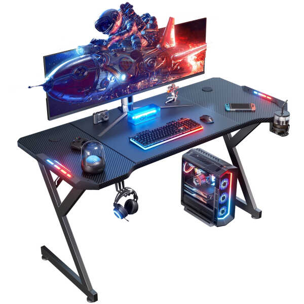 HLDIRECT 40 inch Gaming Desk with LED, Ergonomic Computer Table for Adult and Teen, Black