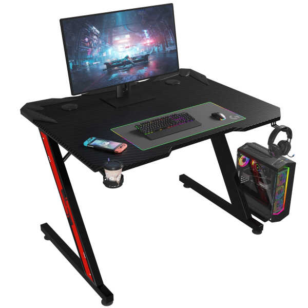 Homall 44 Inches Z-Shaped Gaming Desk Carbon Fiber Surface Desk with Cup Holder & Headphone Hook, Black