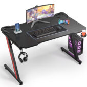 Homall 44 Inches Z-Shaped Gaming Desk Carbon Fiber Surface Desk with Cup Holder & Headphone Hook, Black