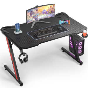 Homall 44 Inches Z-Shaped Gaming Desk Carbon Fiber Surface Desk with Cup Holder & Headphone Hook, Black