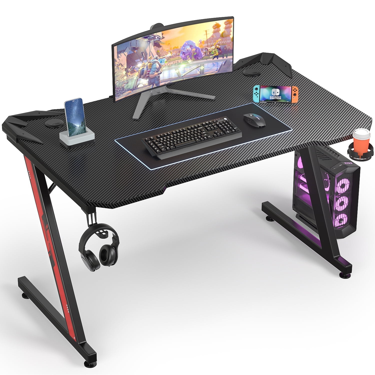 Homall 44 Inches Z-Shaped Gaming Desk Carbon Fiber Surface Desk with Cup Holder & Headphone Hook, Black