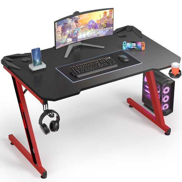 Homall 44 Inches Z-Shaped Gaming Desk Carbon Fiber Surface Desk with Cup Holder & Headphone Hook, Black