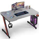 Homall 44 Inches Z-Shaped Gaming Desk Carbon Fiber Surface Desk with Cup Holder & Headphone Hook, Black