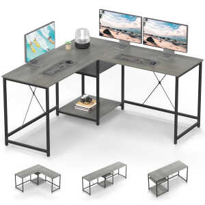 JOZ 59" L Shaped Gaming Desk, Two-Way Convertible Computer Desk with Storage Shelves for Rooms, Corner and Home Office in Rock