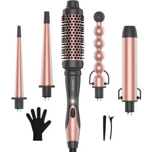 KIPOZI 5 in 1 Curling Iron Wand Set Hair Wand, Instant Heating, with 4 Ceramic Barrels and 1 Curling Iron Brush