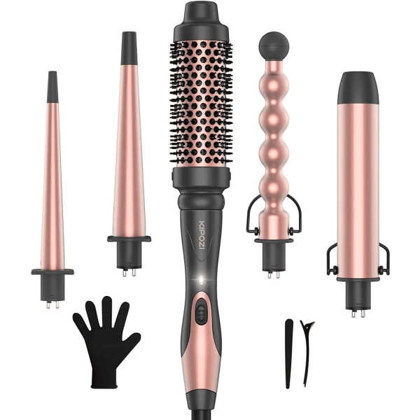 KIPOZI 5 in 1 Curling Iron Wand Set Hair Wand, Instant Heating, with 4 Ceramic Barrels and 1 Curling Iron Brush