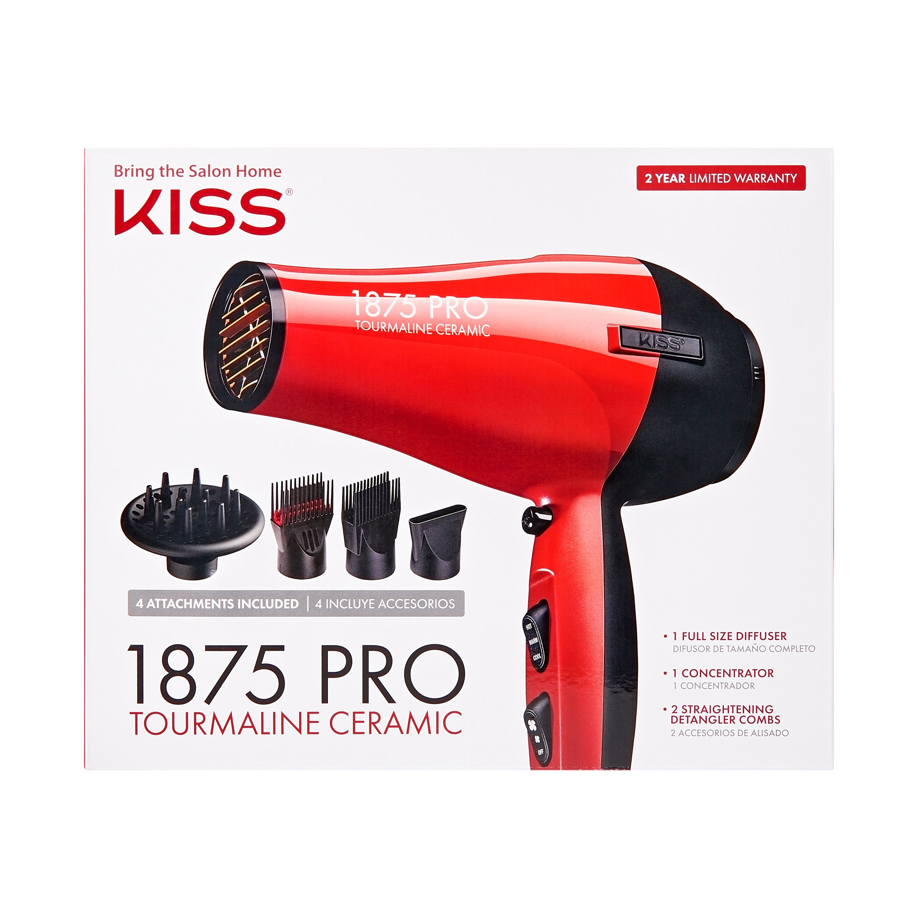 KISS Red Tourmaline Ceramic Hair Dryer with 4 Additional Styling Attachments, 1875 Watts, Red