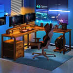 66" L Shaped Computer Desk with Power Outlets, Gaming Desk with Shelf and Drawers for Home Office, Retro Brown