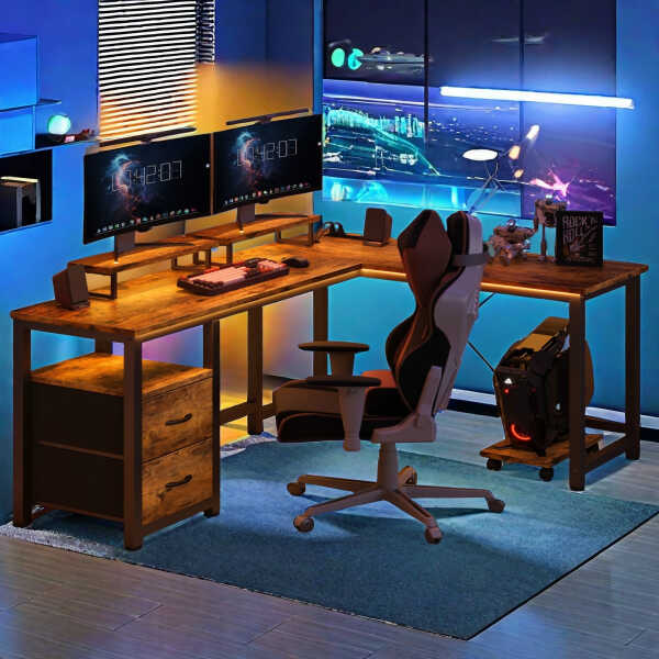 66" L Shaped Computer Desk with Power Outlets, Gaming Desk with Shelf and Drawers for Home Office, Retro Brown