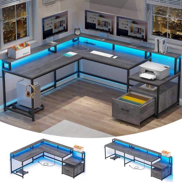 L Shaped Desk with Power Outlet and LED Lights, Corner Computer Desk with File Drawer for Home Office, Gaming Desk, Rustic Brown