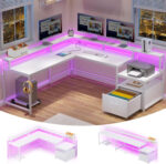 L Shaped Desk with Power Outlet and LED Lights, Corner Computer Desk with File Drawer for Home Office, Gaming Desk, Rustic Brown