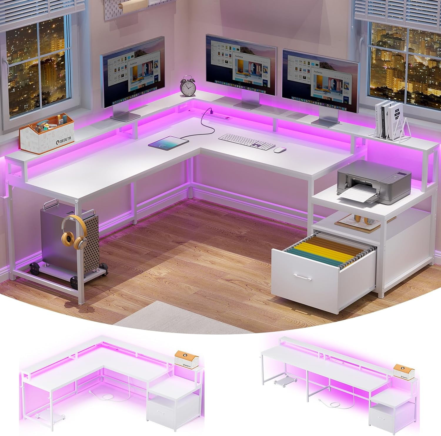 L Shaped Desk with Power Outlet and LED Lights, Corner Computer Desk with File Drawer for Home Office, Gaming Desk, Rustic Brown