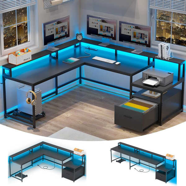L Shaped Desk with Power Outlet and LED Lights, Corner Computer Desk with File Drawer for Home Office, Gaming Desk, Rustic Brown