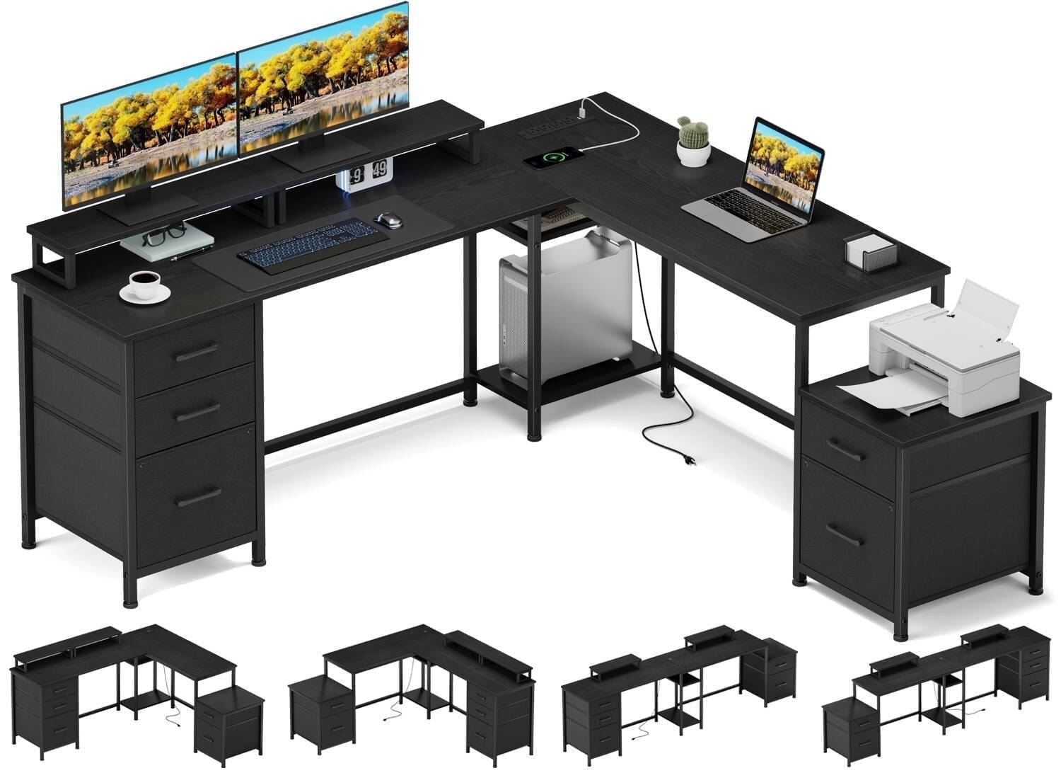 GIKPAL L Shaped Computer Desk, Reversible Gaming Desk with Drawers, Corner Desk with Storage Shelves & Monitor Stand, Home