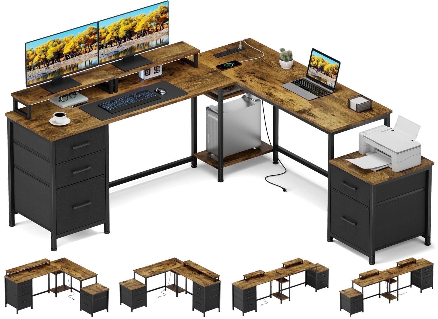 GIKPAL L Shaped Computer Desk, Reversible Gaming Desk with Drawers, Corner Desk with Storage Shelves & Monitor Stand, Home