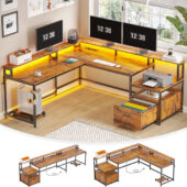 L Shaped Desk with Power Outlet and LED Lights, Corner Computer Desk with File Drawer for Home Office, Gaming Desk, Rustic Brown